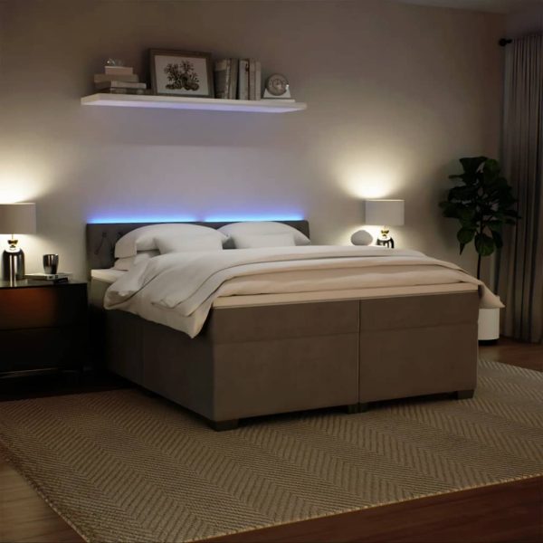 Pat box spring cu saltea, gri deschis, 200×200 cm, catifea