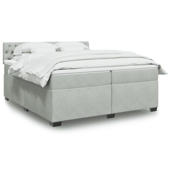Pat box spring cu saltea, gri deschis, 200×200 cm, catifea