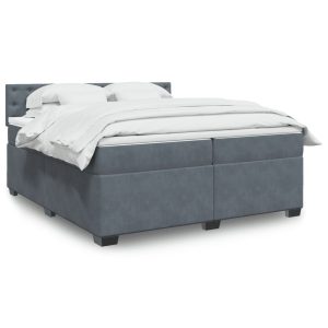 Pat box spring cu saltea, gri închis, 200×200 cm, catifea