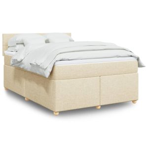 Pat box spring cu saltea, crem, 140×200 cm, textil