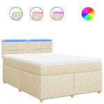 Pat box spring cu saltea, crem, 160×200 cm, material textil