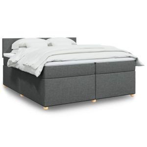Pat box spring cu saltea, gri închis, 200×200 cm, textil