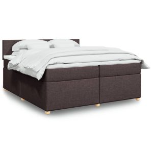 Pat box spring cu saltea, maro închis, 200×200 cm, textil