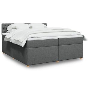 Pat box spring cu saltea, gri închis, 200×200 cm, textil