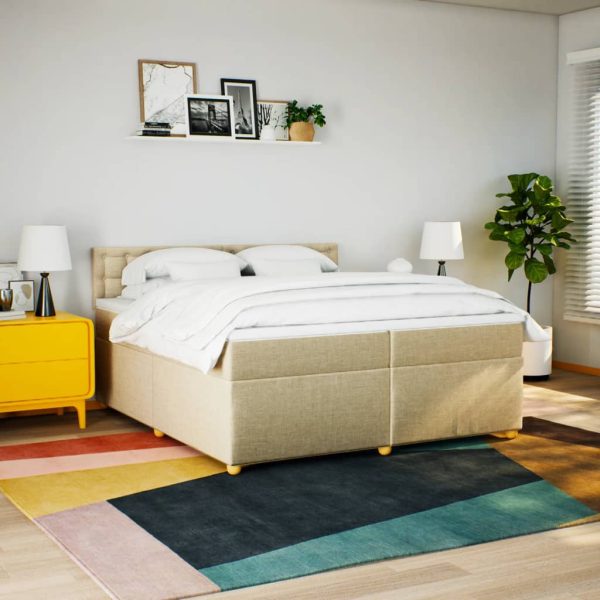 Pat box spring cu saltea, crem, 200×200 cm, textil