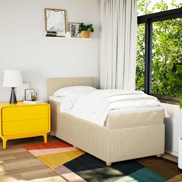 Pat box spring cu saltea, crem, 90×190 cm, textil