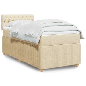 Pat box spring cu saltea, crem, 90×190 cm, textil