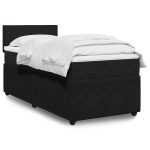 Pat box spring cu saltea, negru, 90×190 cm, catifea