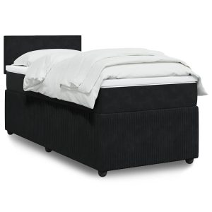 Pat box spring cu saltea, negru, 90×190 cm, catifea