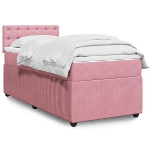 Pat box spring cu saltea, roz, 90×190 cm, catifea