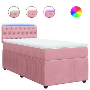 Pat box spring cu saltea, roz, 90×190 cm, catifea
