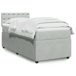 Pat box spring cu saltea, gri deschis, 90×200 cm, catifea
