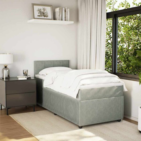 Pat box spring cu saltea, gri deschis, 90×200 cm, catifea