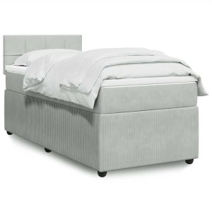 Pat box spring cu saltea, gri deschis, 90×200 cm, catifea