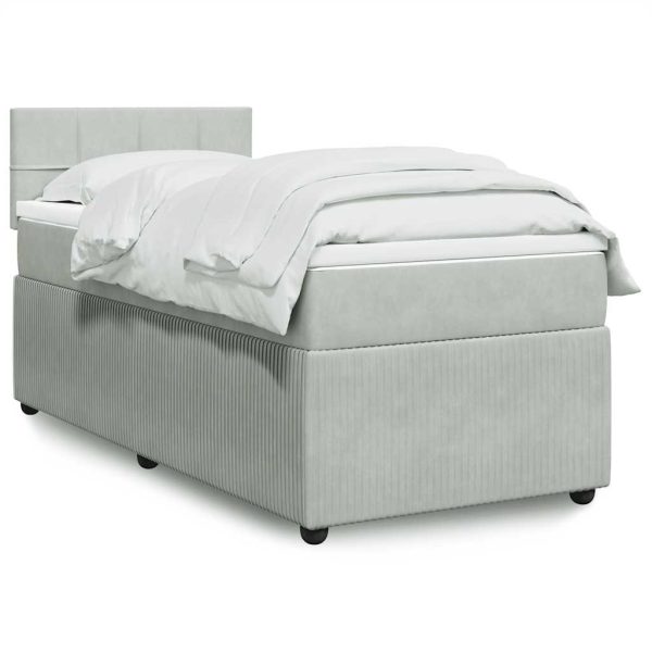 Pat box spring cu saltea, gri deschis, 90×200 cm, catifea