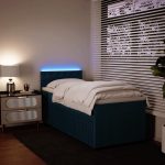 Pat box spring cu saltea, albastru, 100×200 cm, catifea