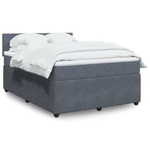 Pat box spring cu saltea, gri închis, 140×190 cm, catifea