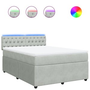 Pat box spring cu saltea, gri deschis, 140×190 cm, catifea