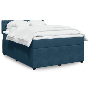 Pat box spring cu saltea, albastru, 140×200 cm, catifea