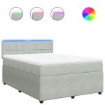 Pat box spring cu saltea, gri deschis, 160×200 cm, catifea
