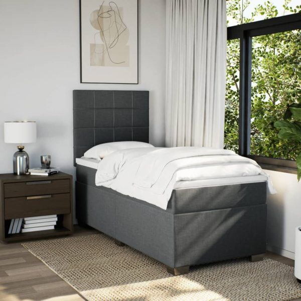 Pat box spring cu saltea, gri închis, 90×190 cm, textil