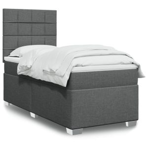 Pat box spring cu saltea, gri închis, 90×190 cm, textil