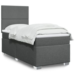 Pat box spring cu saltea, gri închis, 90×200 cm, textil