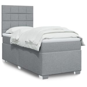 Pat box spring cu saltea, gri deschis, 90×200 cm, textil