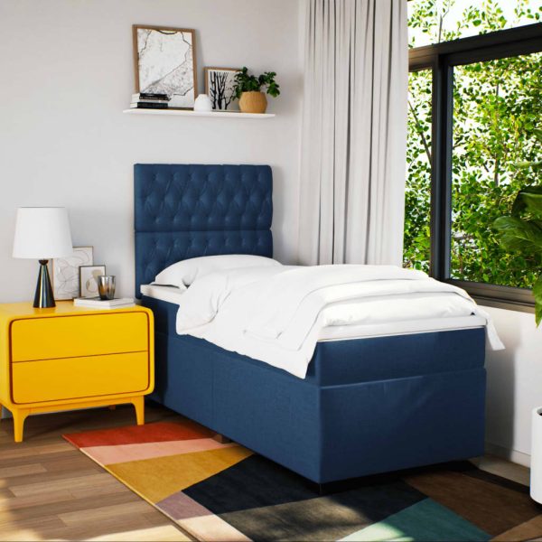 Pat box spring cu saltea, albastru, 90×200 cm, textil