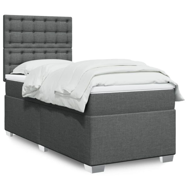 Pat box spring cu saltea, gri închis, 90×200 cm, textil