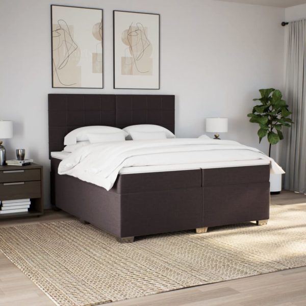 Pat box spring cu saltea, maro închis, 200×200 cm, textil