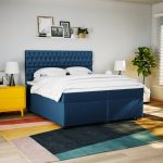 Pat box spring cu saltea, albastru, 200×200 cm, textil