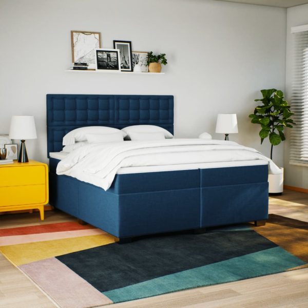 Pat box spring cu saltea, albastru, 200×200 cm, textil