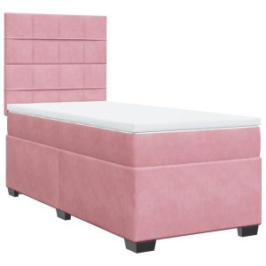 Pat box spring cu saltea, roz, 80×200 cm, catifea