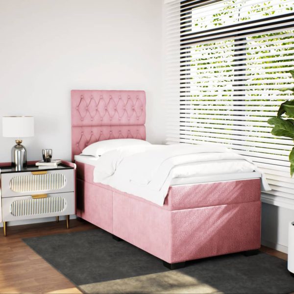 Pat box spring cu saltea, roz, 80×200 cm, catifea