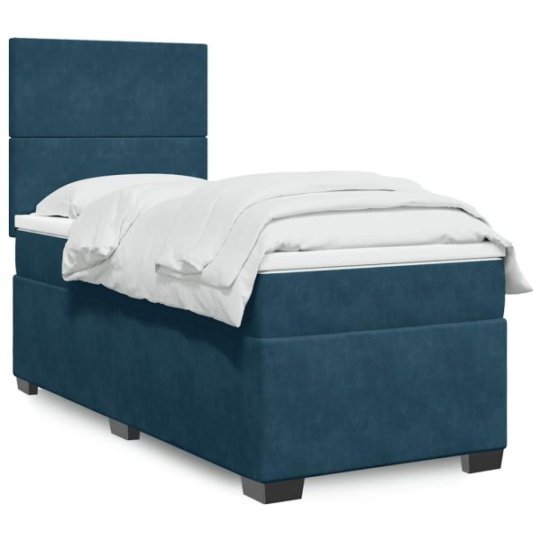 Pat box spring cu saltea, albastru, 90×190 cm, catifea