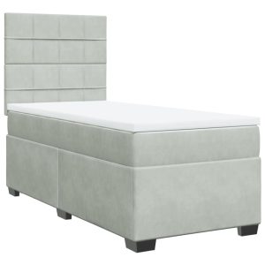 Pat box spring cu saltea, gri deschis, 90×190 cm, catifea