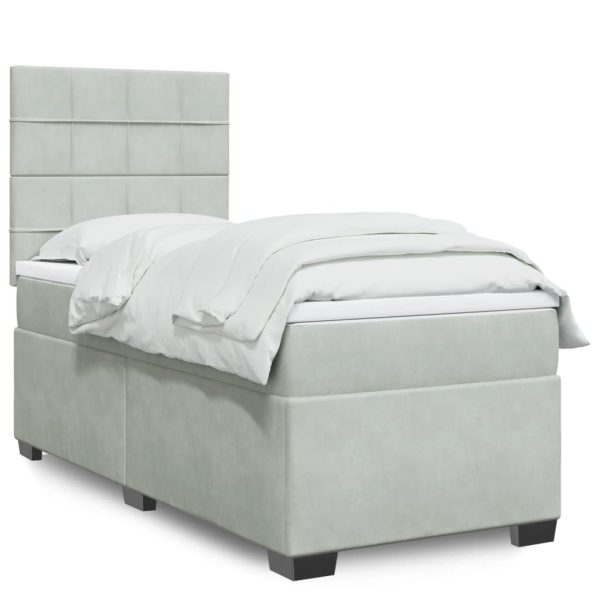 Pat box spring cu saltea, gri deschis, 90×190 cm, catifea