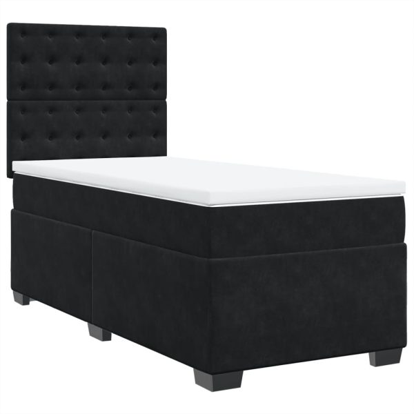 Pat box spring cu saltea, negru, 90×190 cm, catifea