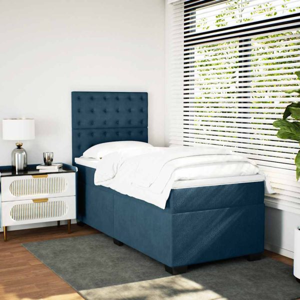 Pat box spring cu saltea, albastru, 90×190 cm, catifea