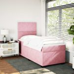 Pat box spring cu saltea, roz, 90×200 cm, catifea
