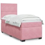 Pat box spring cu saltea, roz, 90×200 cm, catifea