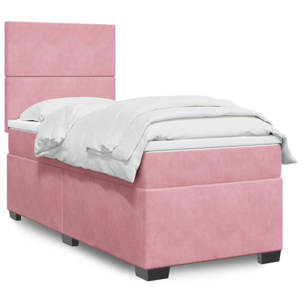 Pat box spring cu saltea, roz, 90×200 cm, catifea