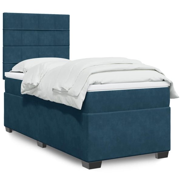 Pat box spring cu saltea, albastru, 90×200 cm, catifea