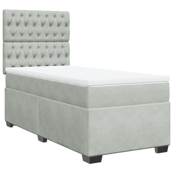 Pat box spring cu saltea, gri deschis, 90×200 cm, catifea