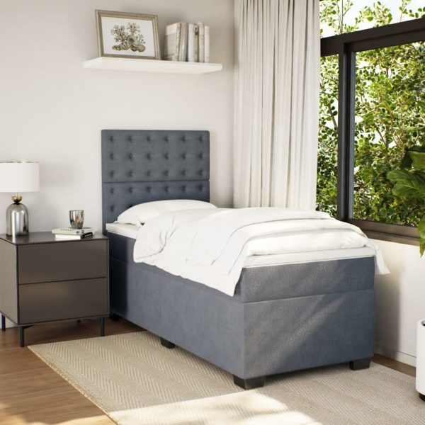 Pat box spring cu saltea, gri închis, 90×200 cm, catifea