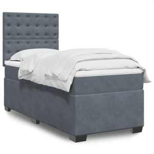 Pat box spring cu saltea, gri închis, 90×200 cm, catifea