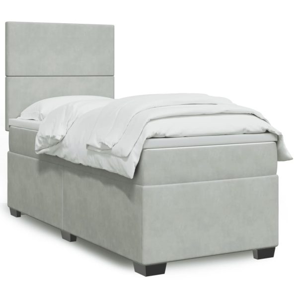 Pat box spring cu saltea, gri deschis, 100×200 cm, catifea