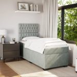 Pat box spring cu saltea, gri deschis, 100×200 cm, catifea