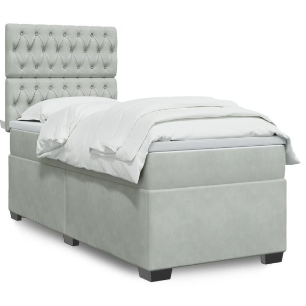 Pat box spring cu saltea, gri deschis, 100×200 cm, catifea